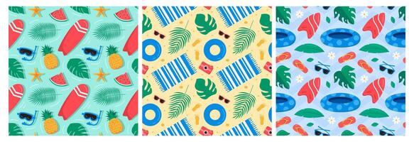 Flat Cartoon Style Seamless Pattern of Seaside Vacation Essentials vector