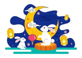 Mid-Autumn Night Celebration with Rabbits Carrying Lanterns and Sharing Mooncakes Art vector