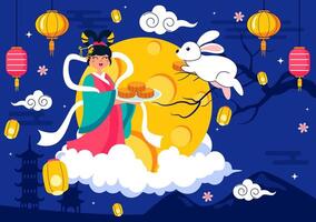 Flat of Mid-Autumn Festival with Rabbits, Paper Lanterns, and Festive Mooncakes vector