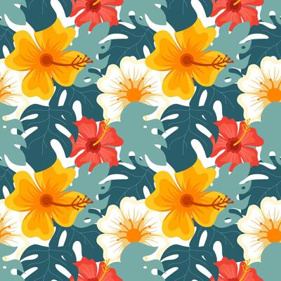 Flat Style Seamless Pattern of Summer Elements like Umbrella, Flip Flops, and Palm Trees