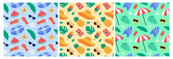 Vibrant Tropical Beach Seamless Pattern in Modern Flat Style vector