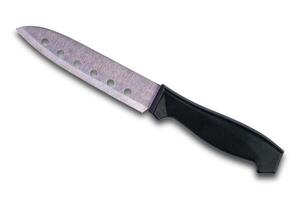 Top view of sharp Kitchen Knife with black handle isolated on white background. photo