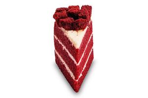 A slice of homemade red velvet cake isolated on white background. photo