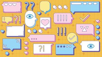 Retro memphis speech bubbles. Talk bubble text, chat box, in retro style with drawing elements on a color background. Stickers emoji and other things. Text block in doodle balloon and message window vector