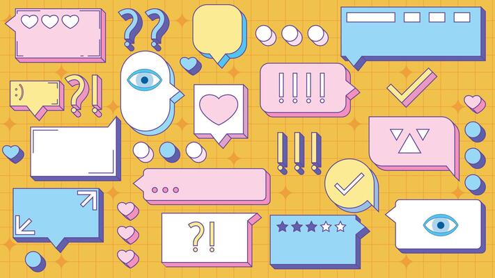 Retro memphis speech bubbles. Talk bubble text, chat box, in retro style with drawing elements on a color background. Stickers emoji and other things. Text block in doodle balloon and message window
