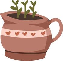 Cute brown pitcher planter with hearts and small green plants. vector