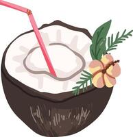 Coconut cocktail with straw and flower decoration vector