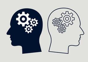 Human Head with Gears Tech Logo. Flat Icon Symbol of Artificial Intelligence, Brain Engineering, and Cogwheel Thinking in Technology Concept vector