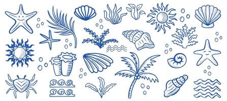 Hand-Drawn Vintage Summer Icons Set. Doodle Sketches of Palm Trees, Sun, Sea, Shells, and Corals for a Coastal Vacation Theme vector