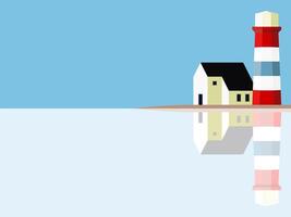 Minimalist illustration of a lighthouse and a small house with their reflections on a calm body of water under a clear blue sky. vector