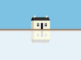 Minimalist House on Greenfield Illustration with Reflection on River. vector