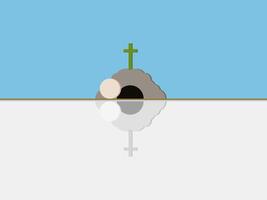 Minimalist Illustration Depicting Empty Tomb of Jesus with Stone Rolled Away and Reflection on River. vector