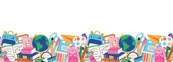 School Supplies Seamless Border. Education endless frame. Study tools pattern in flat style. Notebook, ruler, pencil, globe. backpack. Educational theme for poster banner print. Copy space. vector