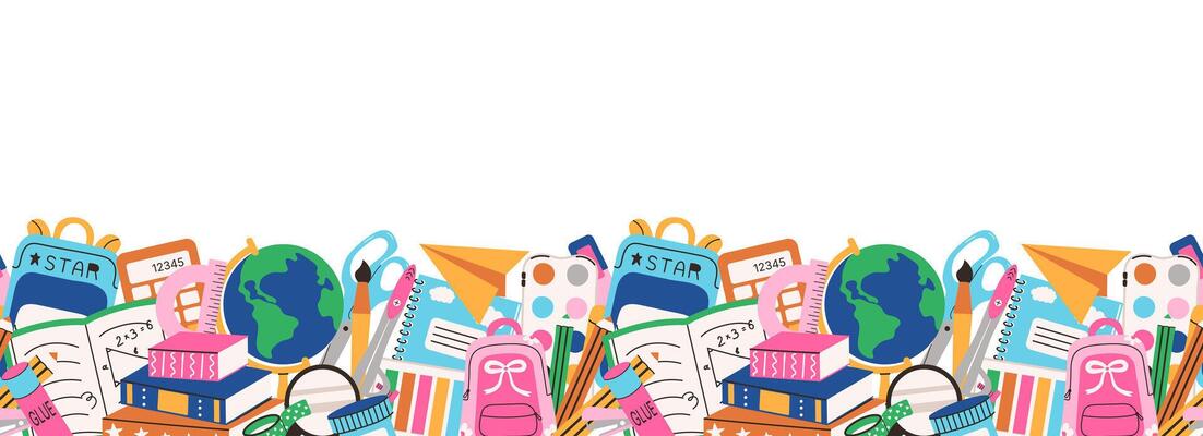 School Supplies Seamless Border. Education endless frame. Study tools pattern in flat style. Notebook, ruler, pencil, globe. backpack. Educational theme for poster banner print. Copy space.