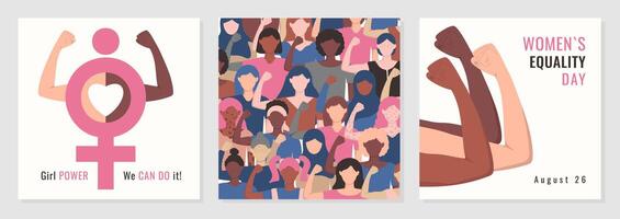 Women's Equality Day poster cover set. Girl power. We can do it text. Diversity Women show strength of hands. Square social media post, card, flyer. Flat style. illustration. vector