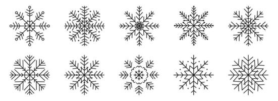 Black Snowflakes line Icon set. Outline Snow element. Winter simple geometric Snowflake collection. Flat style. Christmas, new year decoration with editable stroke for banner, poster, greeting card. vector