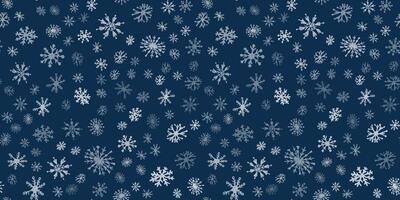 Snow Seamless Pattern. Winter hand drawn snowflakes endless background. New Year and Christmas holiday banner poster card print wrapping paper. Snowfall on dark blue night backdrop. Flat style. vector