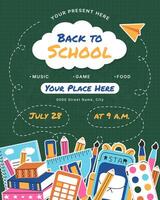 Back to School flyer template with different school objects. School party event sale poster with flat supplies to study. layout music game food present time and place promo. Education concept. vector