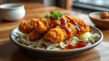 Homemade Japanese Chicken Katsu with Cabbage and Tonkatsu Sauce photo
