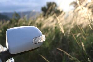 A close-up of white side mirrors against the blurry countryside grass and the soft evening sunlight. photo