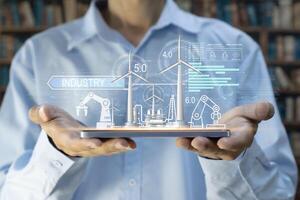 Industry Concept for Digital Factory Manufacturing Technology that demonstrates the automated manufacturing process of Industry 5.0 or the 5th Industrial Revolution photo