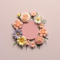 A pink heart with flowers and leaves on a pink background photo