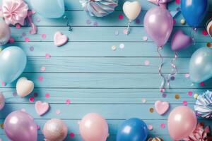 The wooden table is covered in colorful balloons and confetti photo