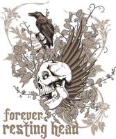 A striking illustration of a mysterious crow resting on a detailed skull, perfect for dark fantasy, gothic apparel, and Halloween-themed designs. vector