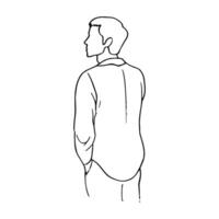 man standing in shirt with hands in pockets faceless portrait, back view in profile - hand drawn line art vector