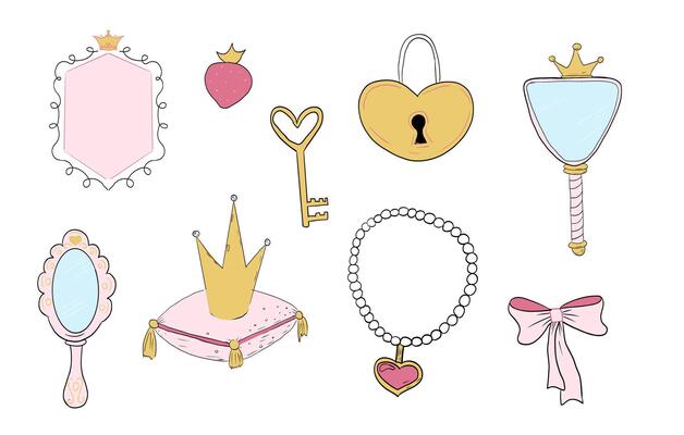 Princess set cute hand drawn sketch. Girl magic fairy mirror, pageant, crown, fairytale fantasy. Royal accessories. Letter and key.