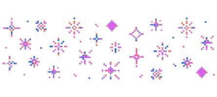 8 bit pixel sparkle border in retro style stars and crystals for games UI retro designs or web Minimalist 90s Y2K pixel star collection.Firework burst, space decoration. vector