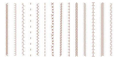 Sewing machine, embroidery border line zig zag hatch. Geometric fabric needlework, thread sew brushes, sewing seams vector