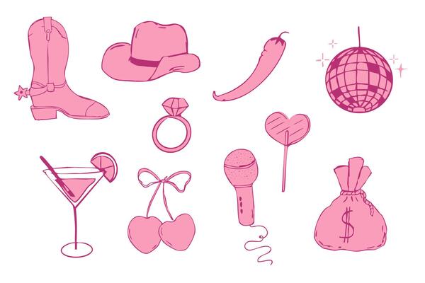 Wild west coquette y2k bachelorette cowgirl party collection, western pink rodeo doodle with retro disco elements. Hat, heart, boots.