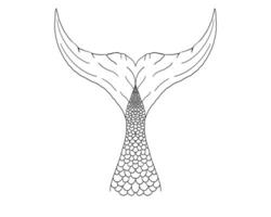 Hand drawn mermaid tail illustration with wave lines and fantasy elements. Tattoo-style black outline for sea-inspired, feminine, or mythological projects. vector