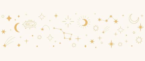 Mystical celestial border divider with stars, moons, and sparkles. Elegant golden ornament set for tarot, magic, spiritual designs. vector