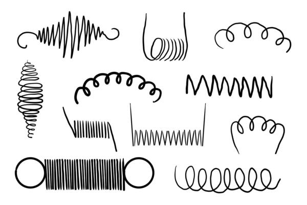 Metal spiral coil bounce metal line hand drawn doodle. Slinky or wire flexible spring. Set curly wavy twisted shape.
