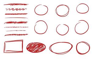 Red arrow mark hand drawn sketchy paintbrush, swirl arrows set, doodle highlight mark check. Grunge stroke. Important sign. vector