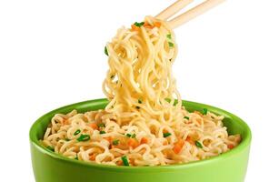 Bowl of instant noodles isolated on white background. photo