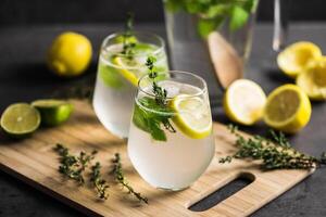 Lemon thyme drink on a wooden board photo