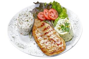 Beef steak with potatoes and rice food photo