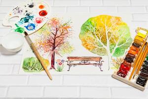 Hand Drawn Sketch of Autumn Square With Paints photo