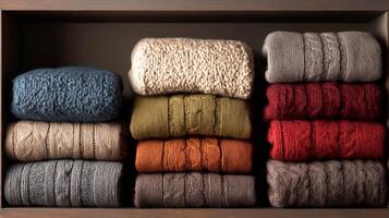 A collection of warm, knitted sweaters in multiple colors is neatly stacked on a wooden shelf. photo