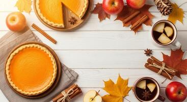 Warm Inviting Thanksgiving Flat Lay Rustic White Wooden Background Two Pumpkin Pies Red Apples Cinnamon Star Anise Autumn Leaves Mugs Festive photo