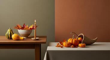 Autumn Diptych Minimalist Traditional Decor Contrasting Styles Wooden Table Cornucopia Lit Candle Earthy Tones photo