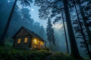 Cozy log cabin nestled in a misty forest under a full moon photo