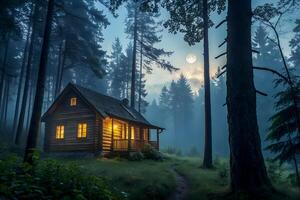 Cozy wooden cabin nestled in a misty forest under a luminous full moon photo