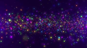 Colorful glowing particles floating on a dark purple background, creating a vibrant, festive, and magical atmosphere. Perfect for celebration, party, and holiday motion design projects. Seamless loop video