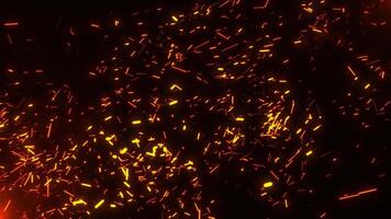 Glowing orange fire sparks flying in dark space, creating a warm, dynamic, and cinematic atmosphere. Perfect for backgrounds, fire effects, celebration visuals, or motion design projects video