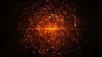 Orange and blue glowing particles with electric energy lines pulsate dynamically on a dark background, creating a futuristic, energetic abstract background for technology projects. Seamless loop video