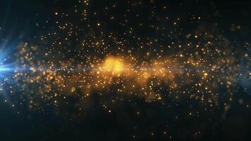 Glowing golden particles floating in dark space with soft lens flares, creating a luxurious festive and magical background for motion design, celebration or presentation projects. Seamless loop 4k video